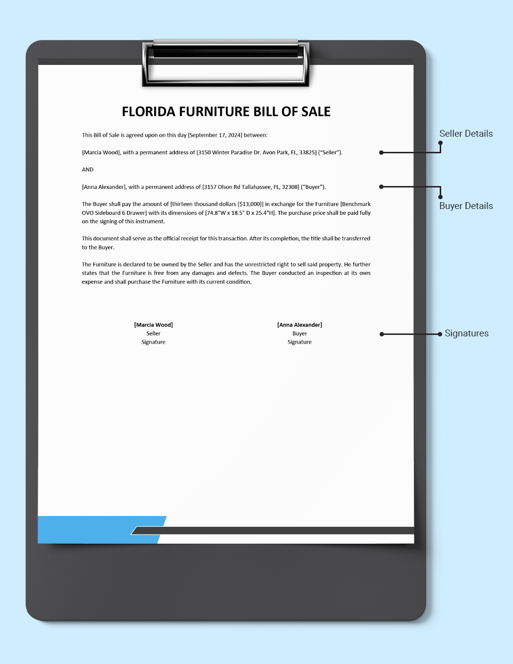 Florida Furniture Bill of Sale Template