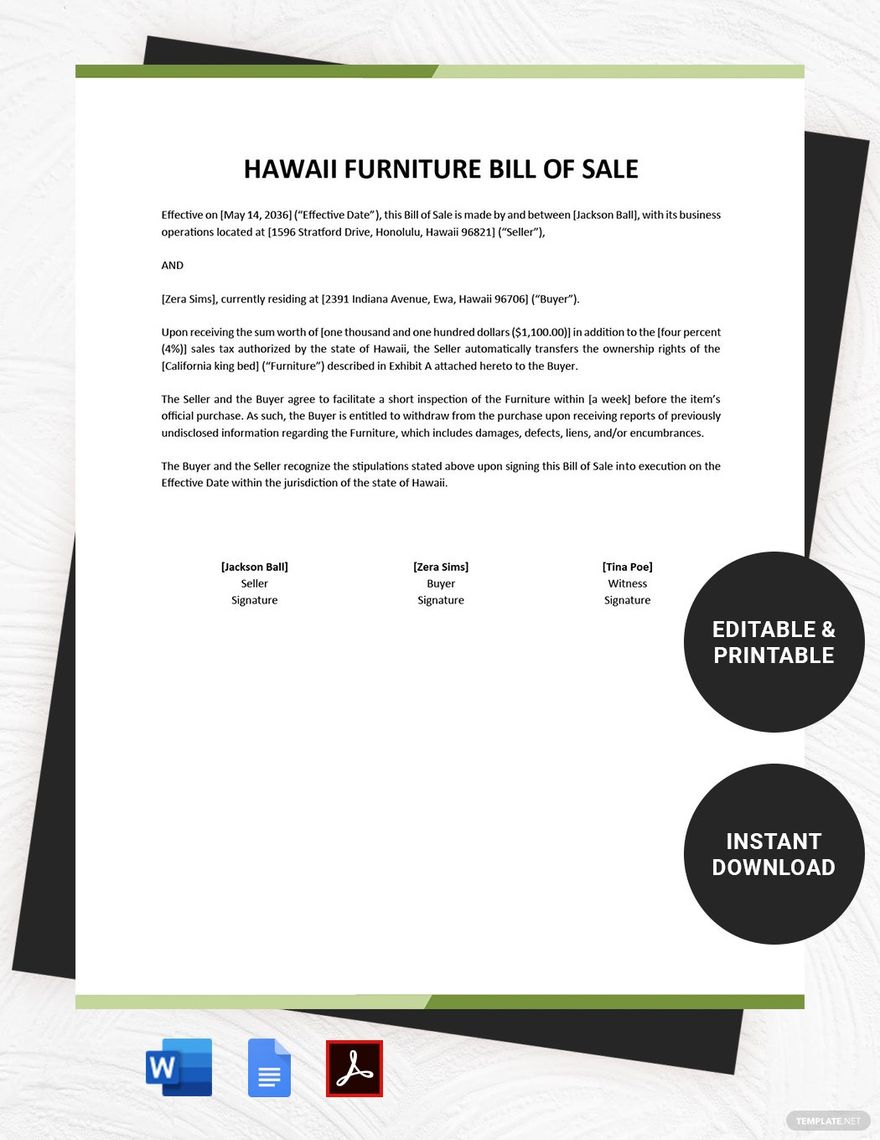 Free Hawaii Furniture Bill of Sale Form Template