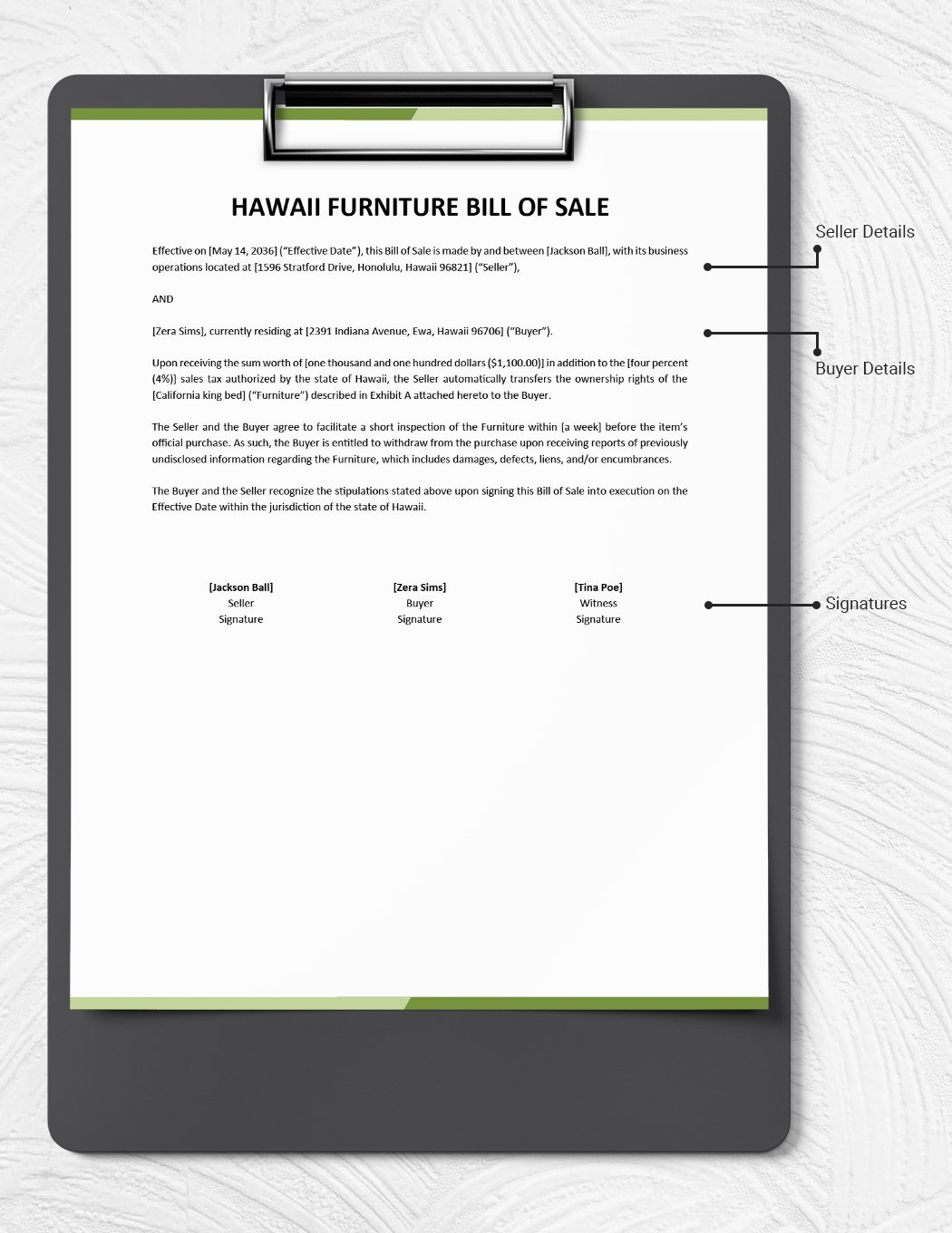 Hawaii Furniture Bill of Sale Form Template