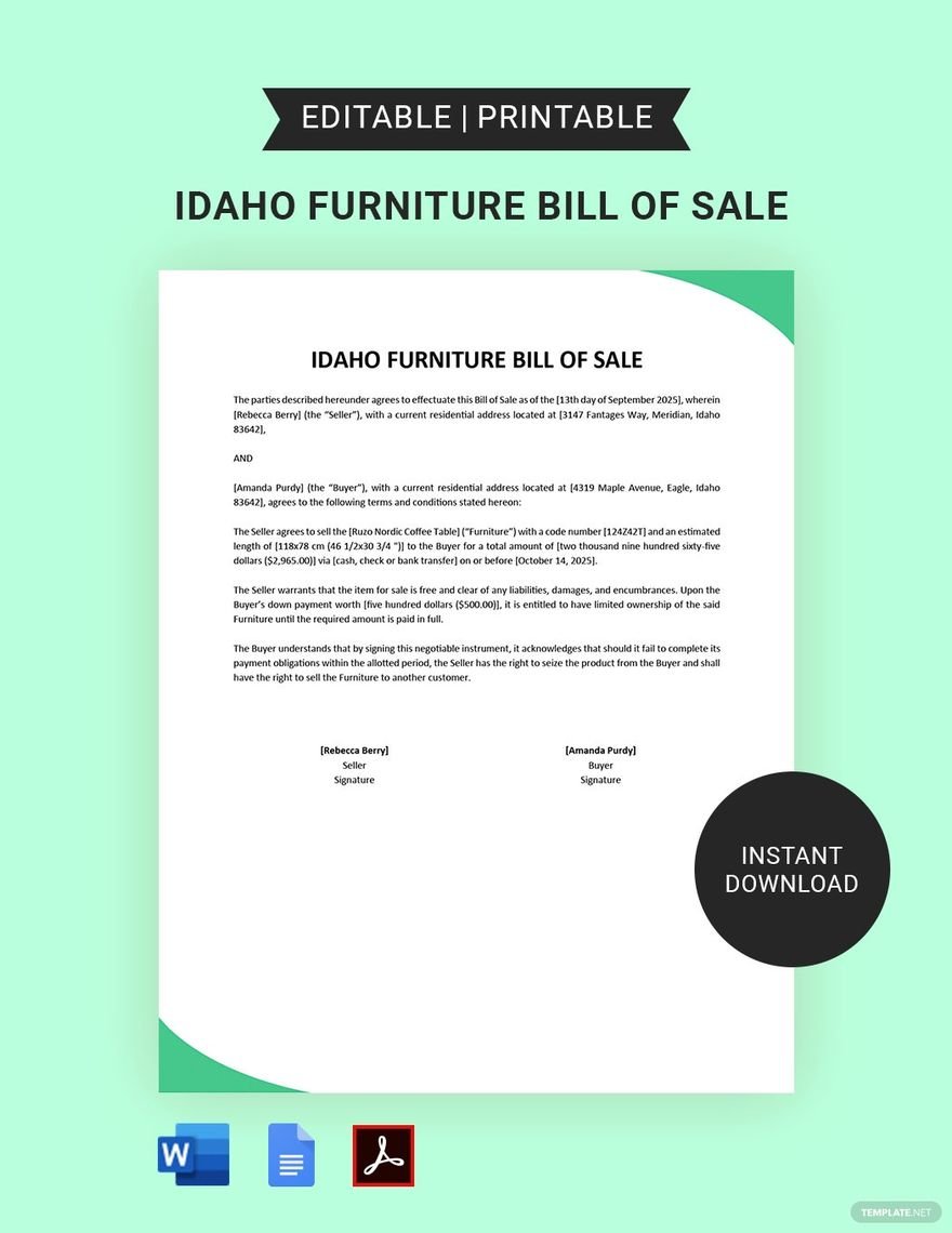 Idaho Furniture Bill of Sale Template