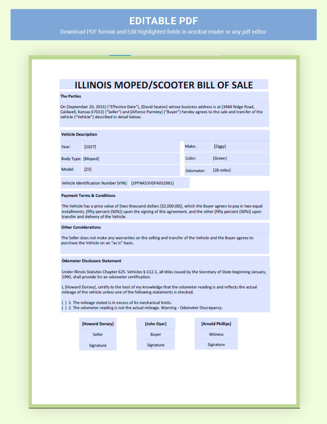 Illinois Moped / Scooter Bill Of Sale Template