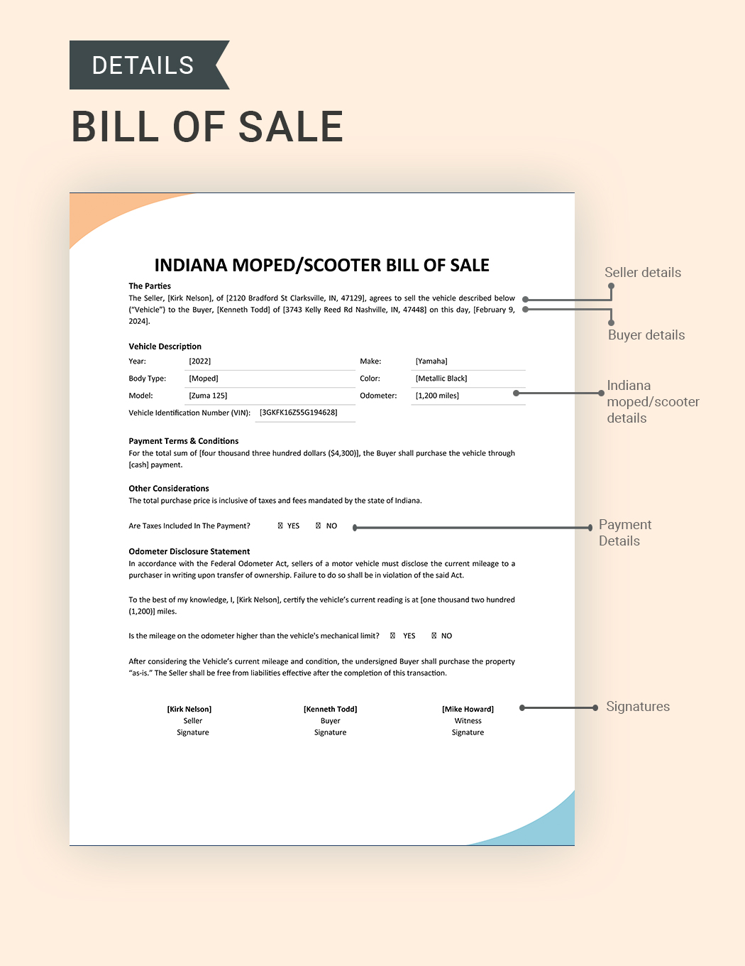 Indiana Moped / Scooter Bill Of Sale Template