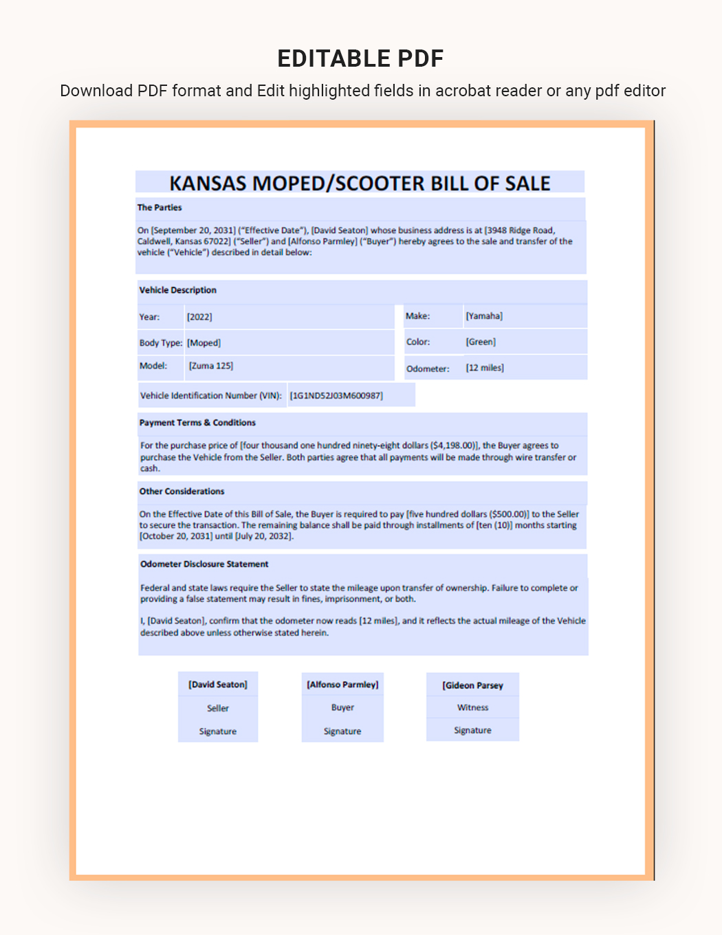 Kansas Moped / Scooter Bill Of Sale Template