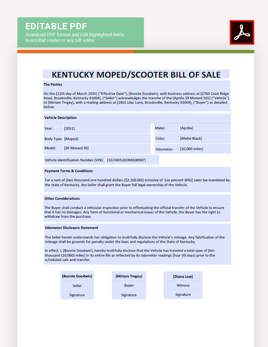 Kentucky Moped / Scooter Bill Of Sale Form Template