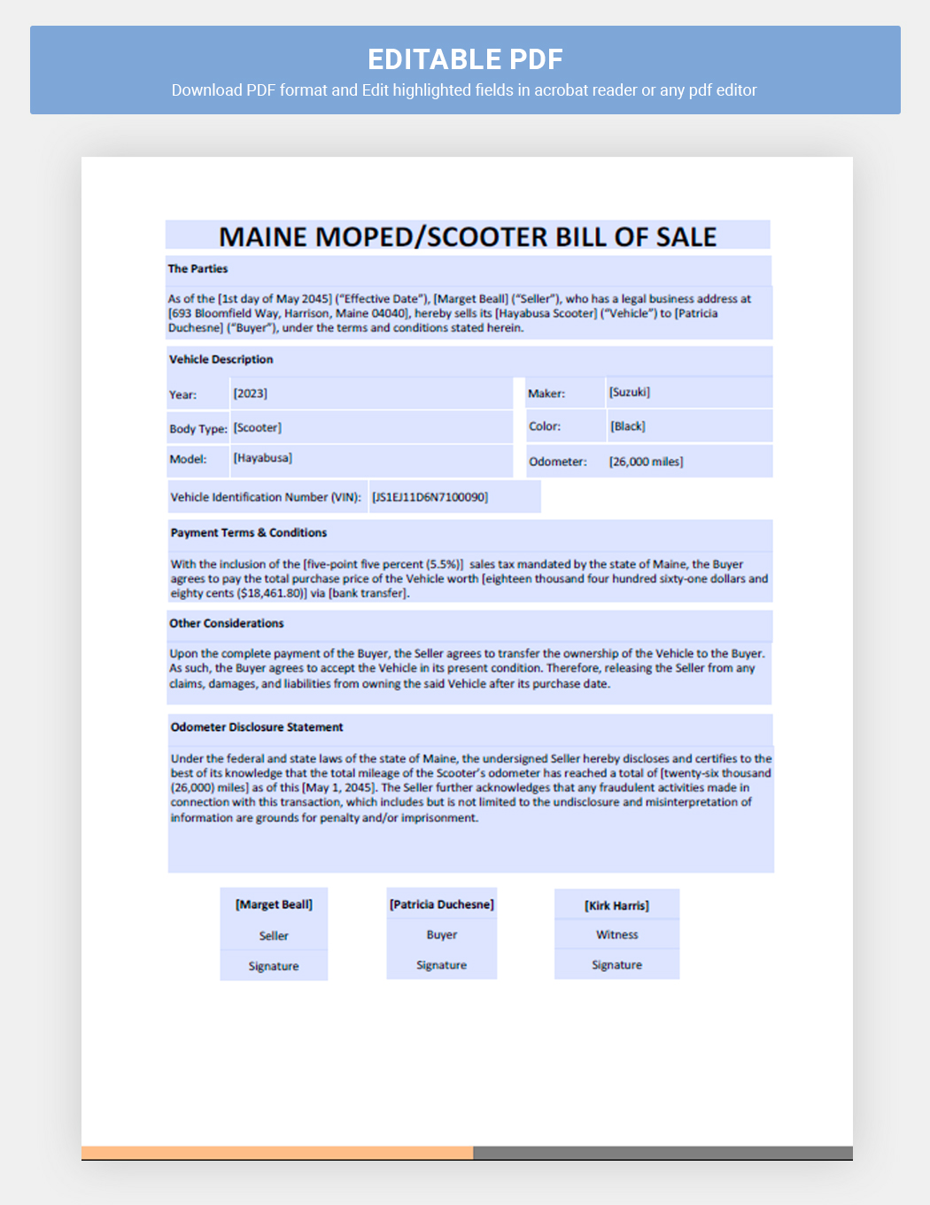 Maine Moped / Scooter Bill Of Sale Template