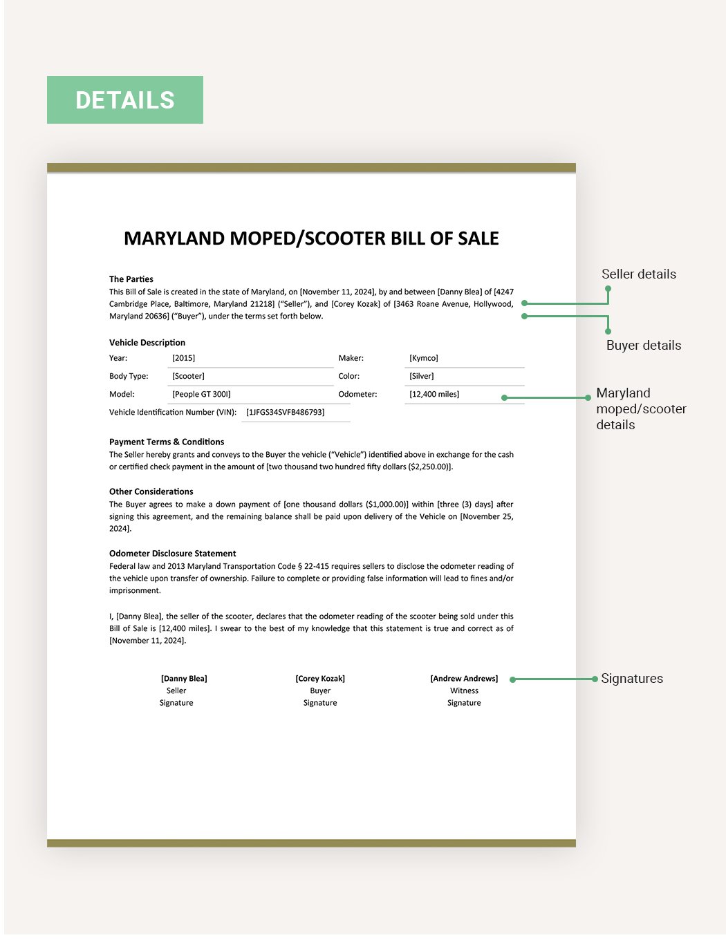 Maryland Moped / Scooter Bill Of Sale Template