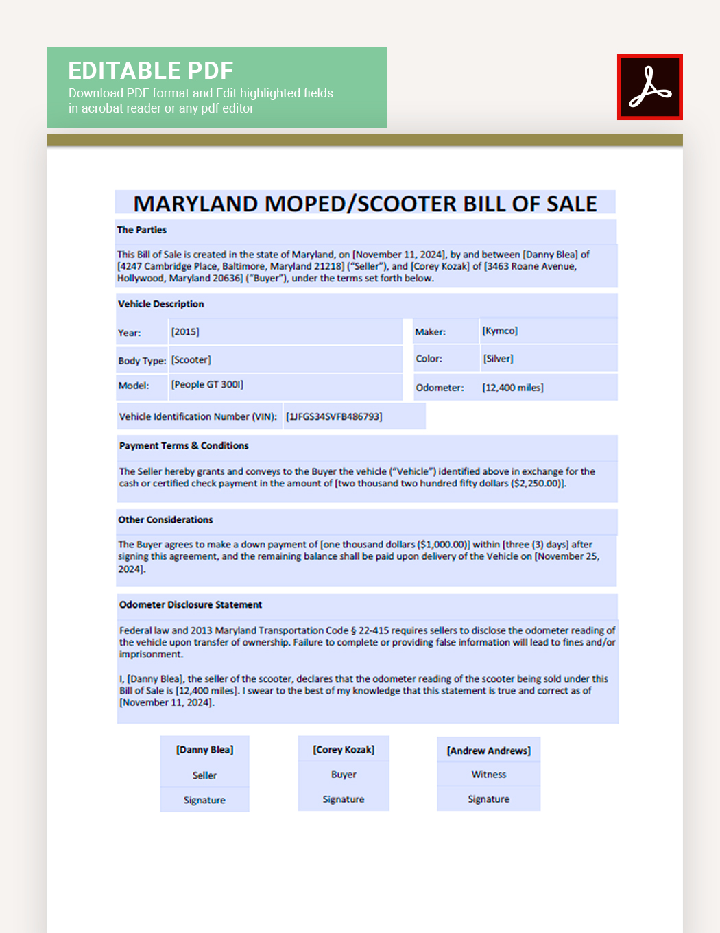 Maryland Moped / Scooter Bill Of Sale Template