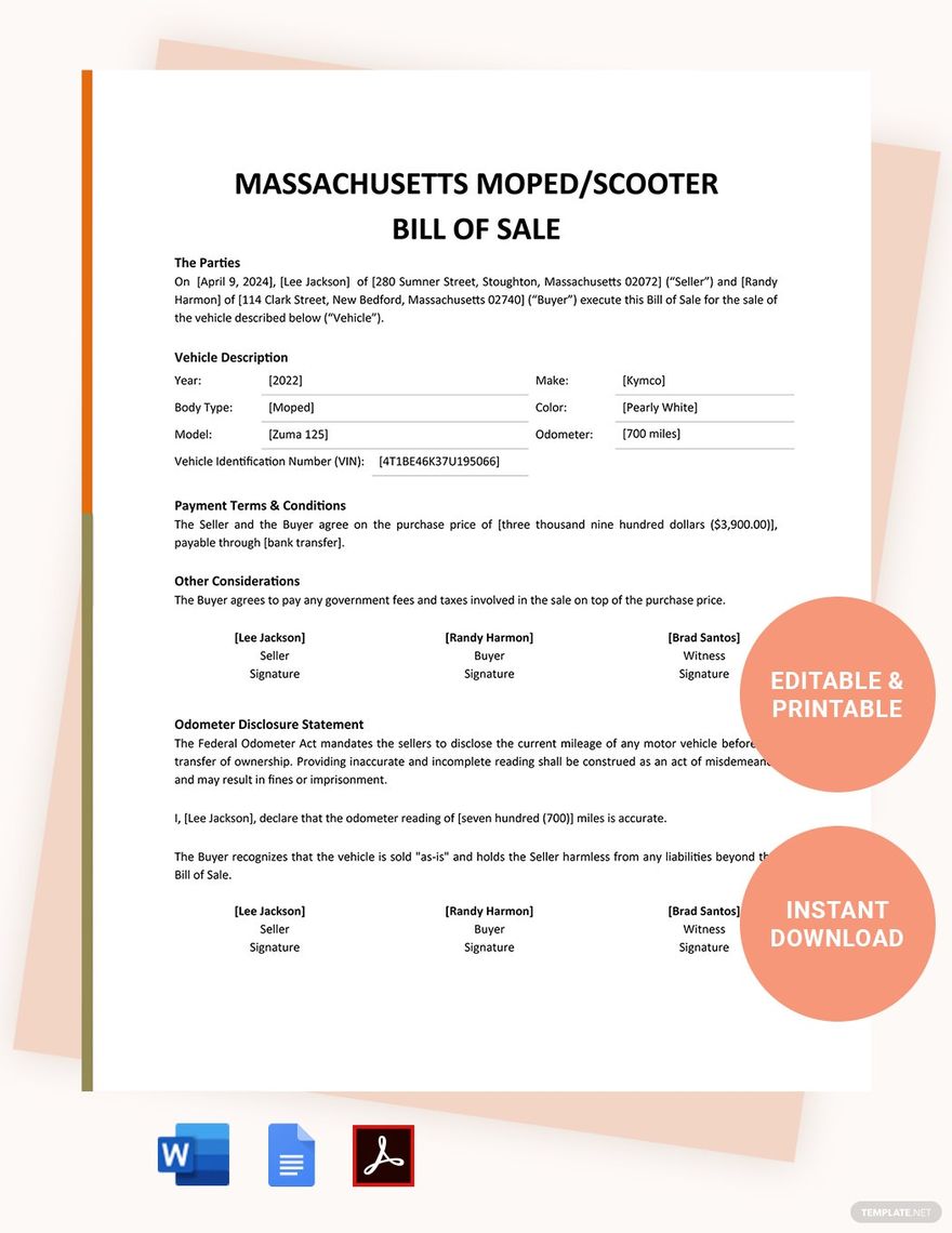 Massachusetts Moped / Scooter Bill Of Sale Template