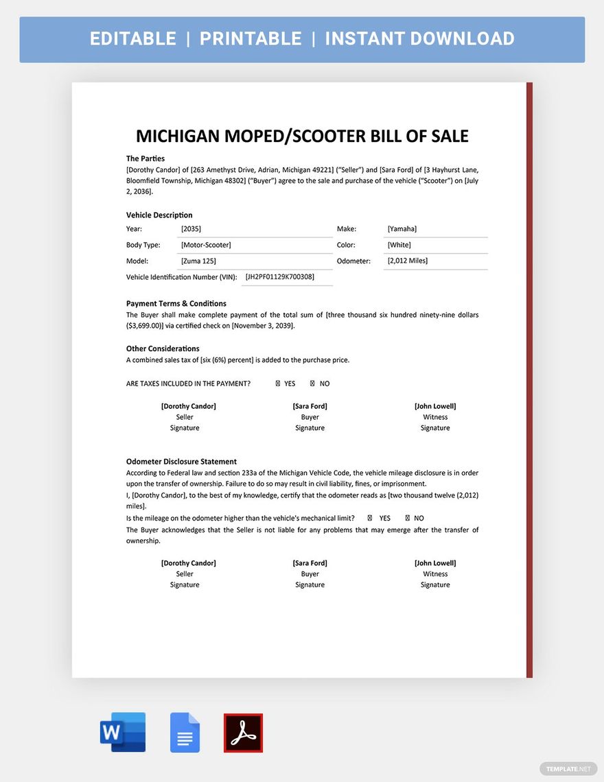Michigan Moped / Scooter Bill Of Sale Template