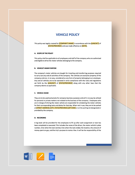 Vehicle Policy Template Word Google Docs Apple Pages Template