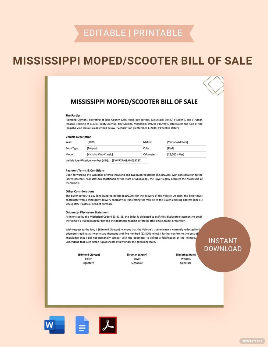 Mississippi Moped / Scooter Bill Of Sale Template