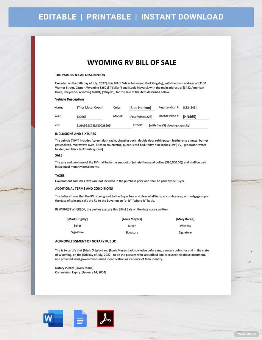 Wyoming RV Bill of Sale Template
