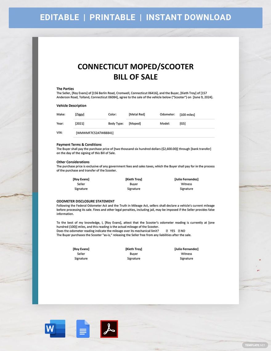 Connecticut Moped / Scooter Bill of Sale Template