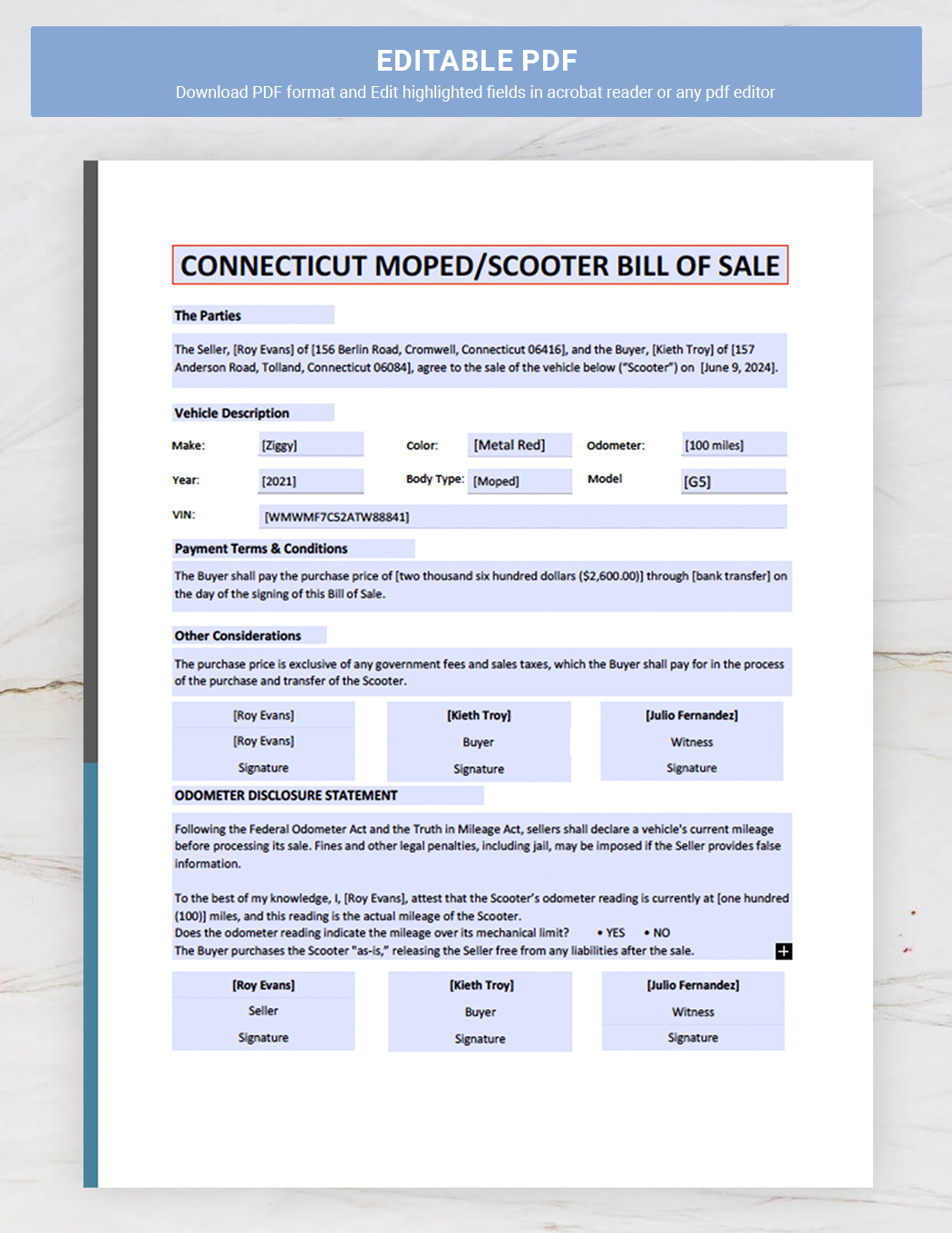 Connecticut Moped / Scooter Bill of Sale Template