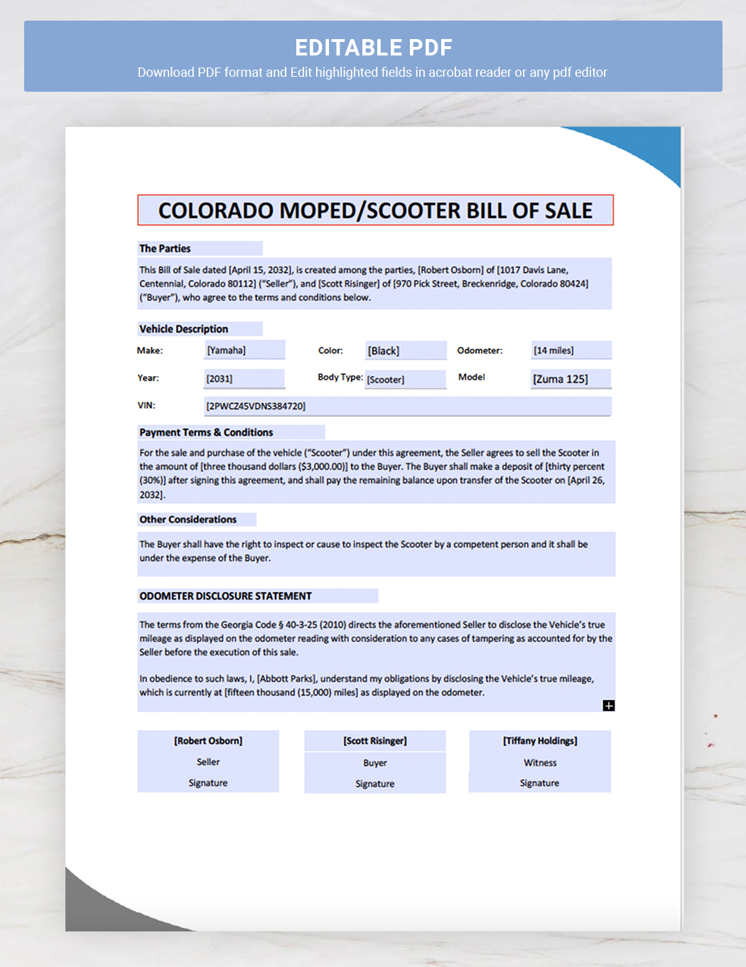 Colorado Moped / Scooter Bill of Sale Template