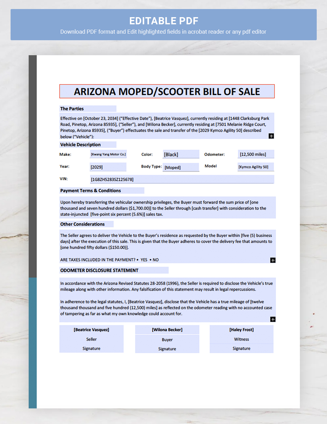 Arizona Moped / Scooter Bill of Sale Template