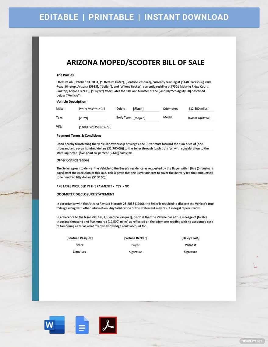 Arizona Moped / Scooter Bill of Sale Template