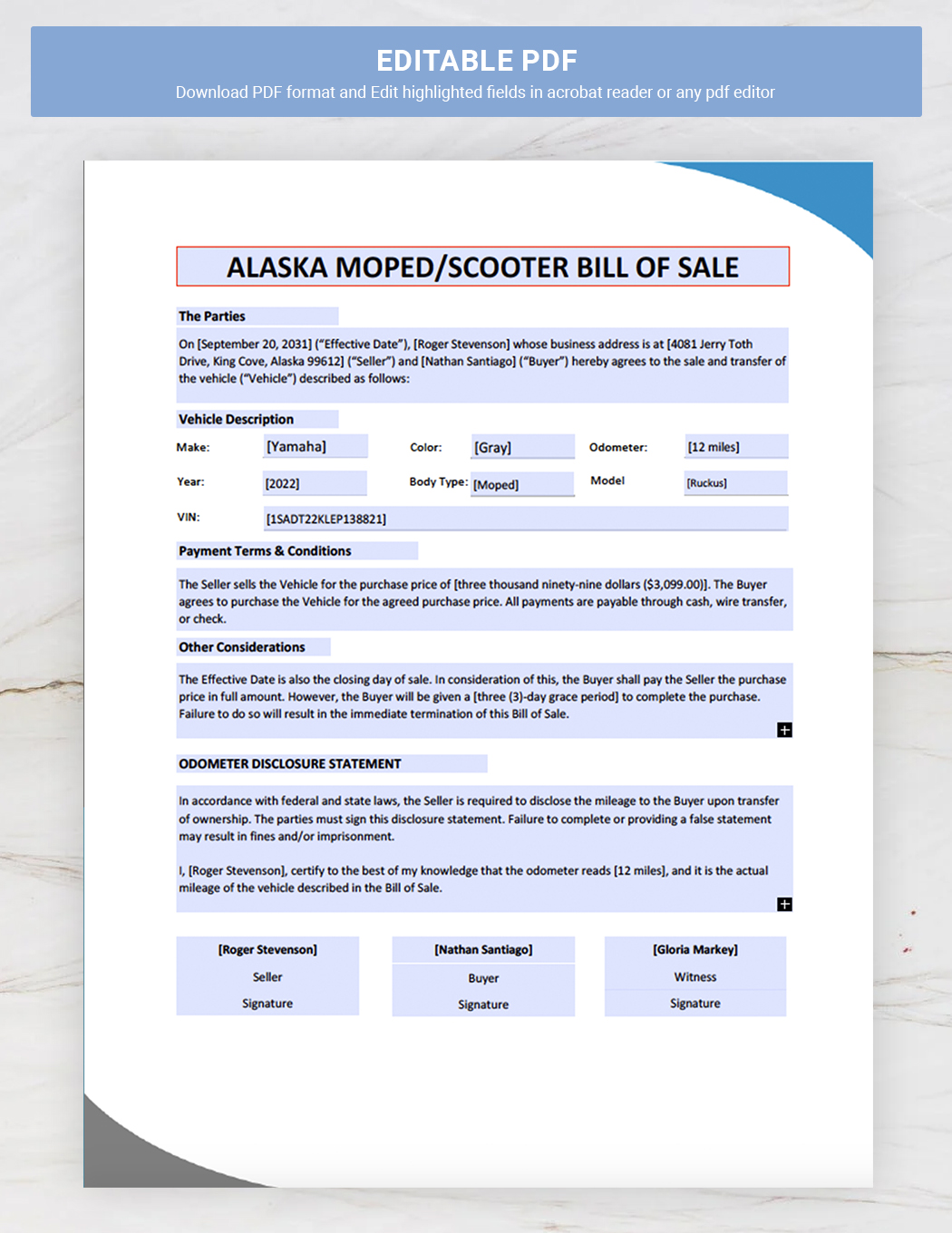 Alaska Moped / Scooter Bill Of Sale Template
