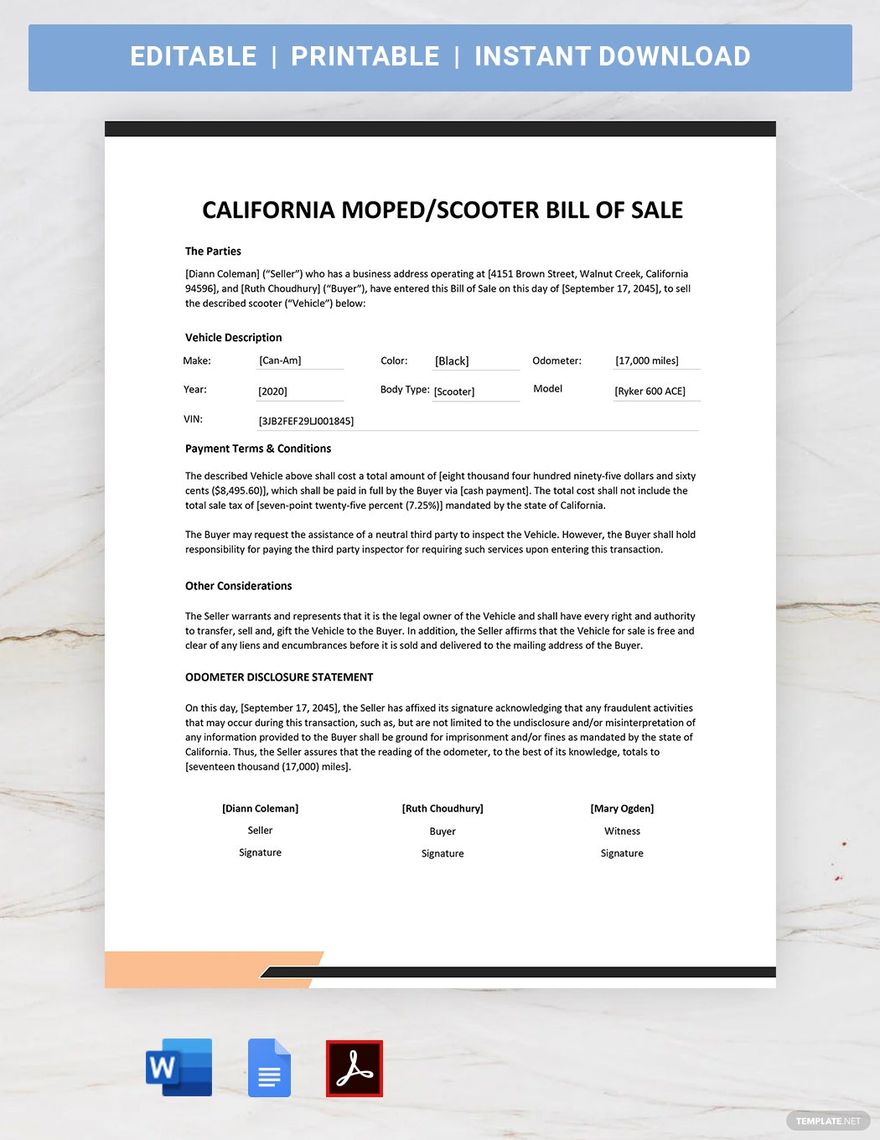 California Moped / Scooter Bill of Sale Template