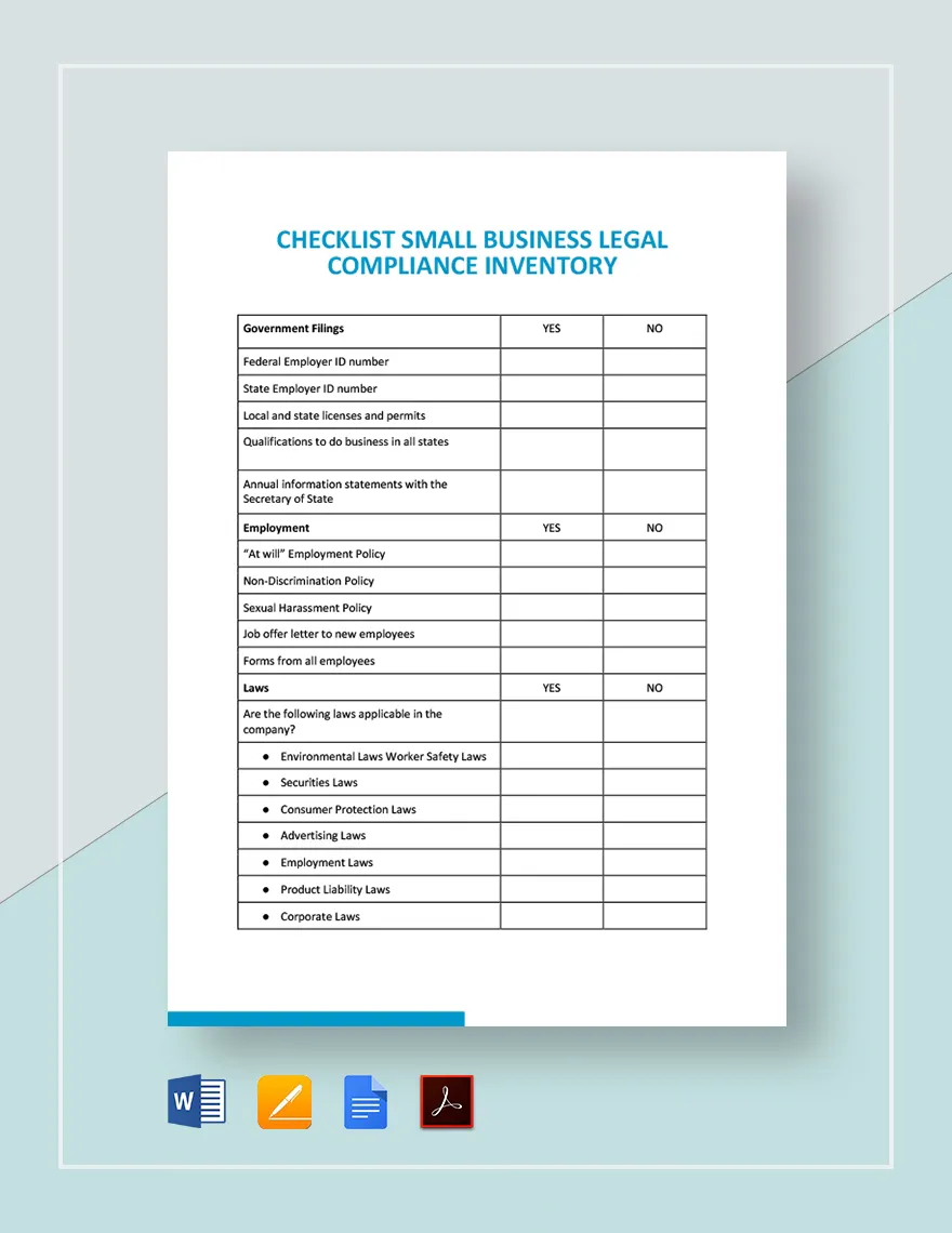 Checklist Small Business Legal Compliance Inventory Template