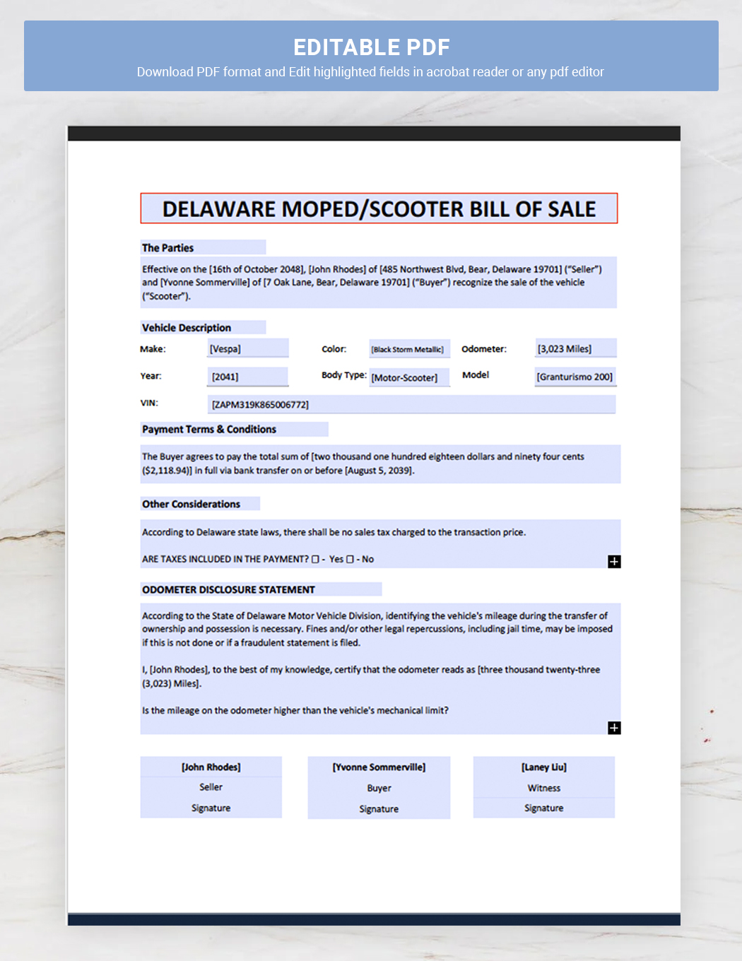 Delaware Moped / Scooter Bill of Sale Template
