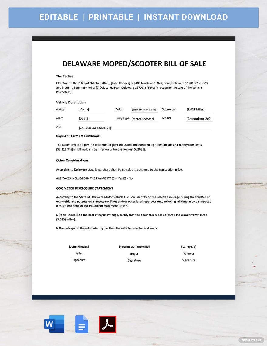 Delaware Moped / Scooter Bill of Sale Template