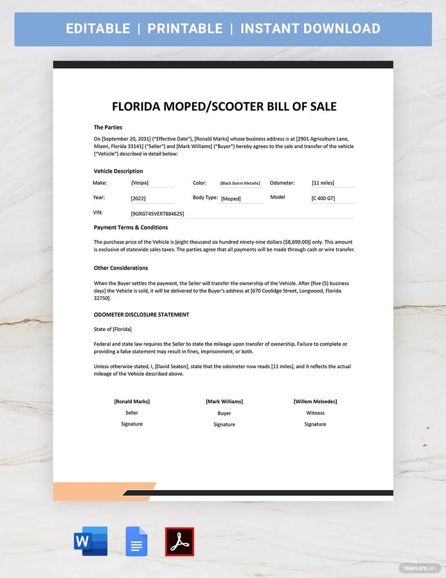 Florida Moped / Scooter Bill Of Sale Template