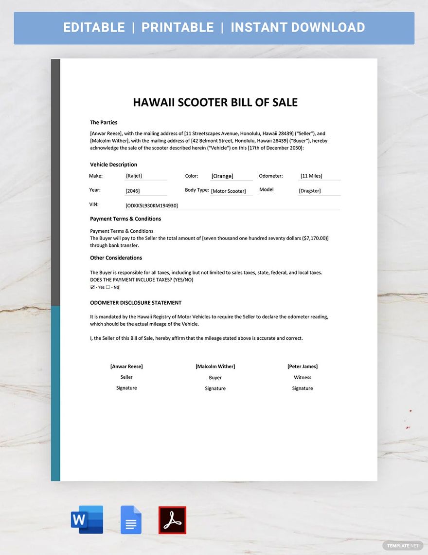 Hawaii Moped / Scooter Bill of Sale Template