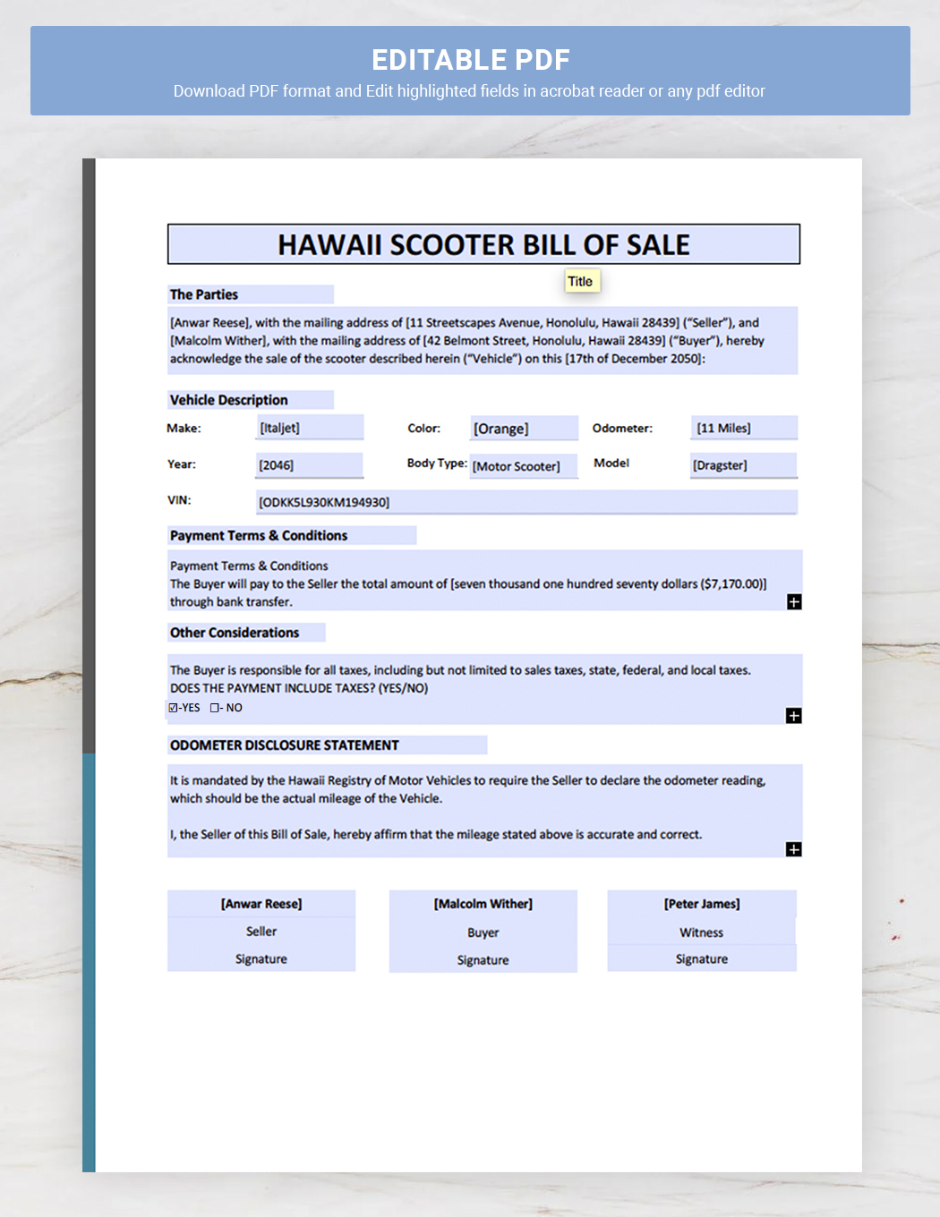 Hawaii Moped / Scooter Bill of Sale Template