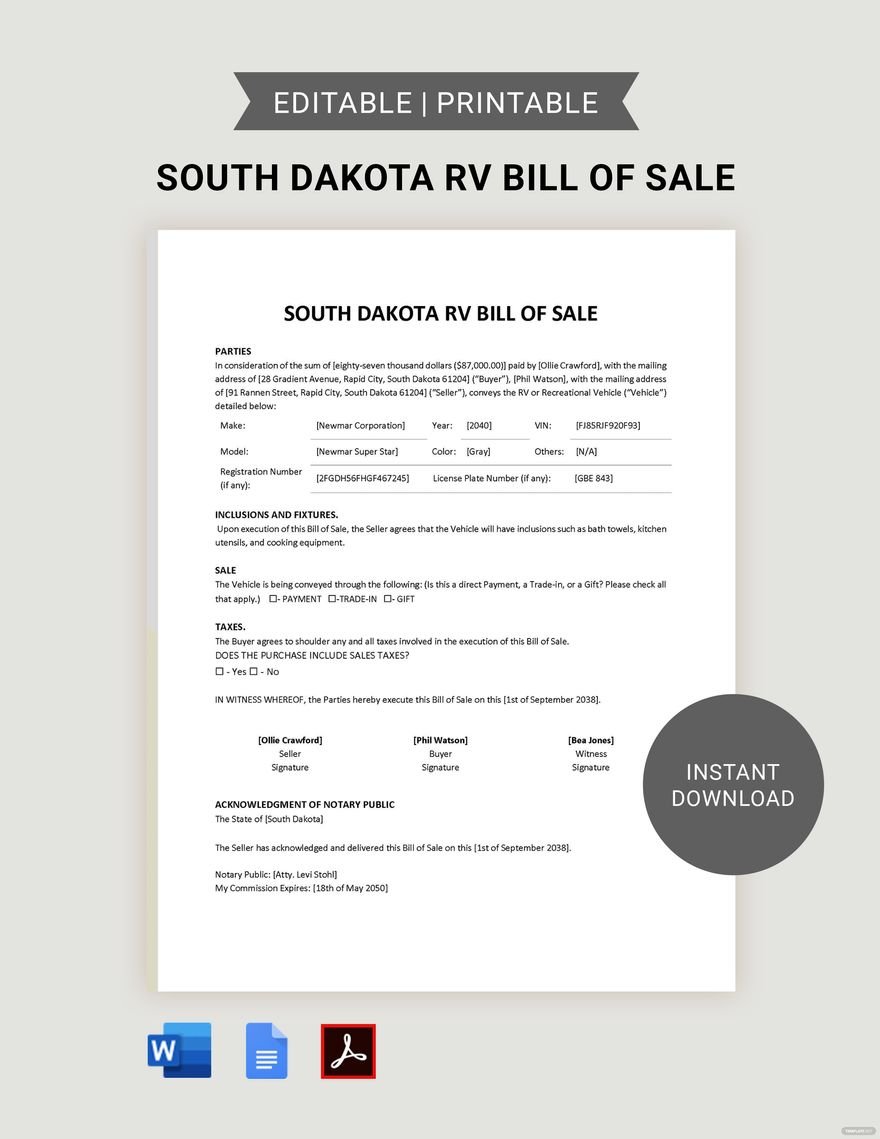 South Dakota RV Bill of Sale Template in Word, Google Docs, PDF