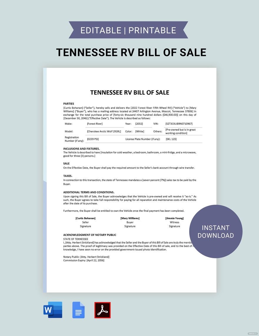 Tennessee RV Bill of Sale Template