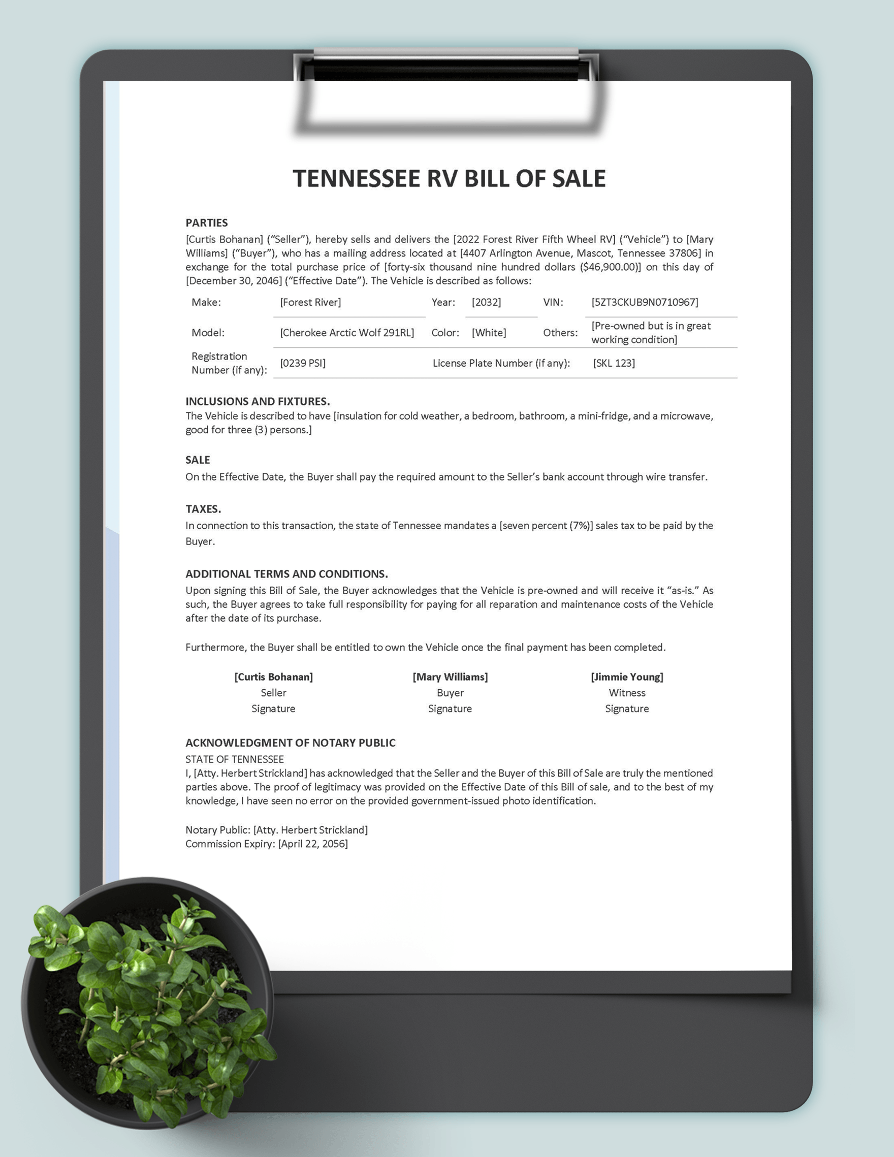 Tennessee RV Bill of Sale Template
