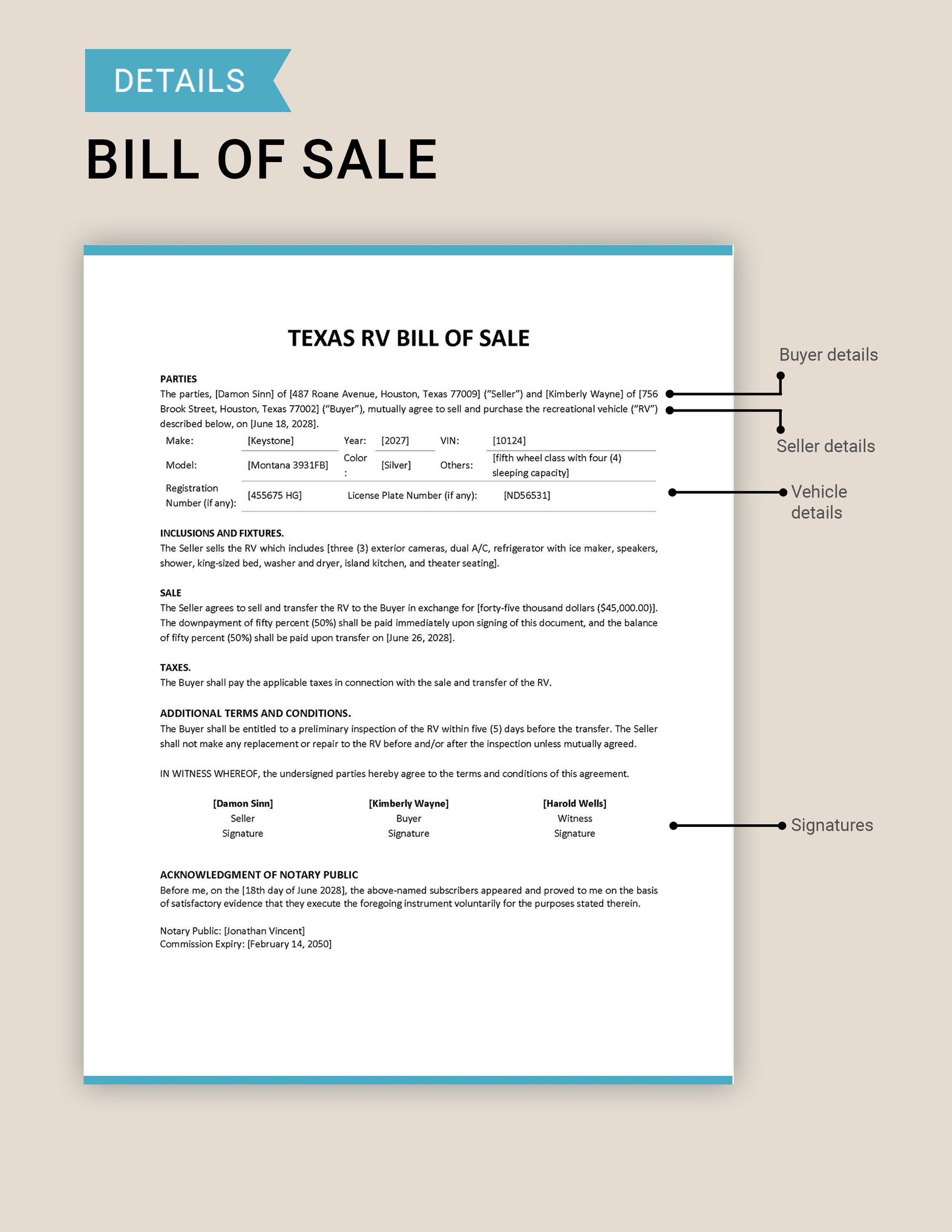 Texas RV Bill of Sale Template