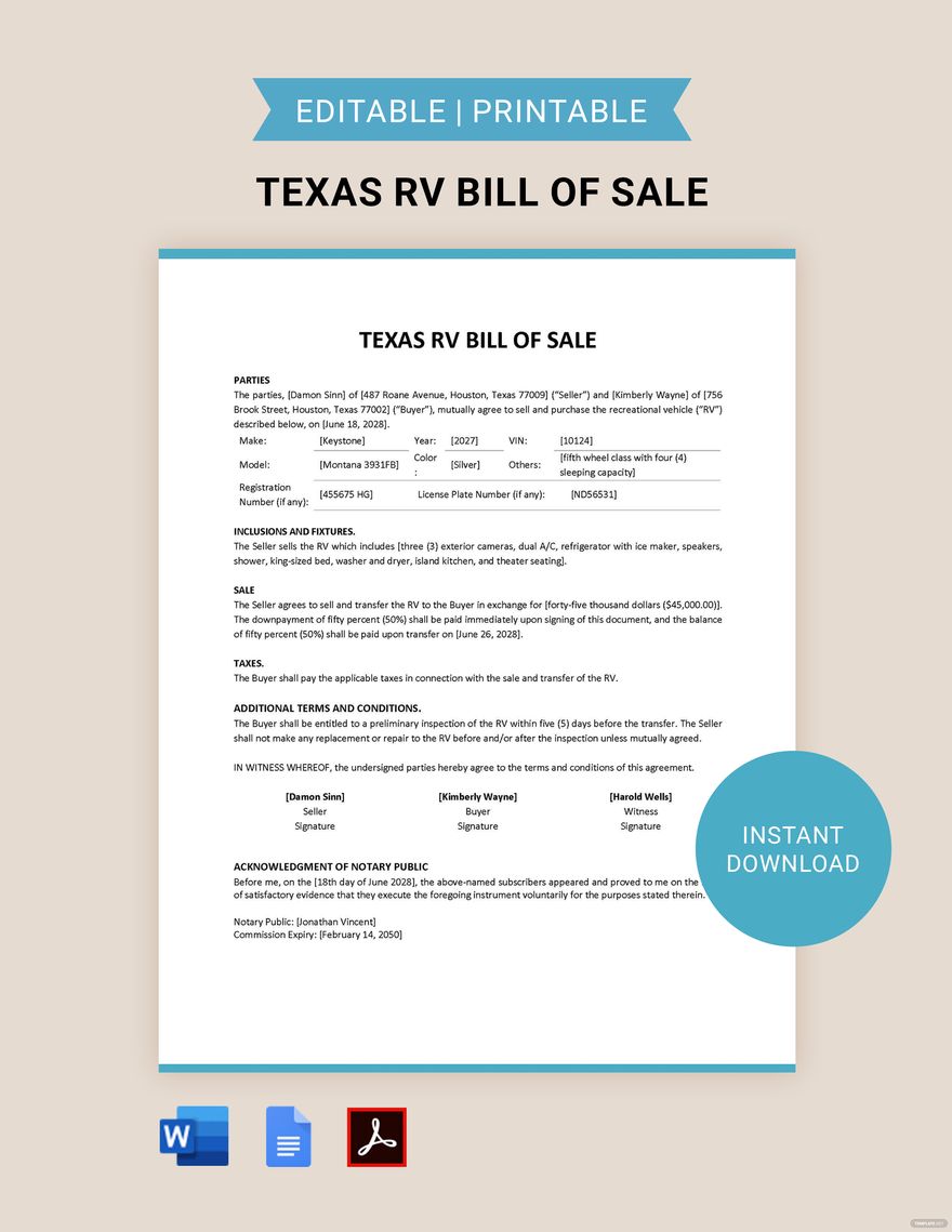 Texas RV Bill of Sale Template in Word, Google Docs, PDF
