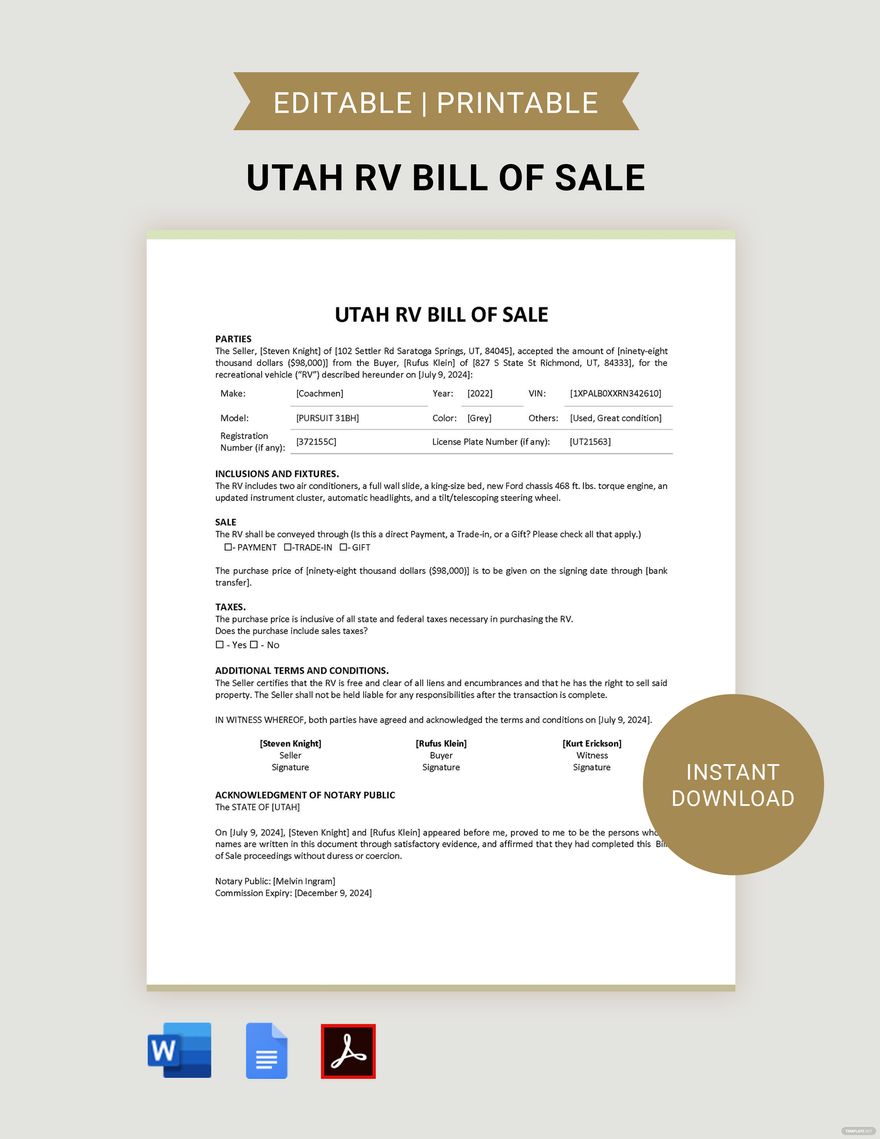 Get Your Utah RV Bill of Sale Template Instantly with Template.Net. This Online Template Allows You to Edit and Print the Document as Needed. With a Professional and Easy-To-Use Design, This Template  in Word, Google Docs, PDF