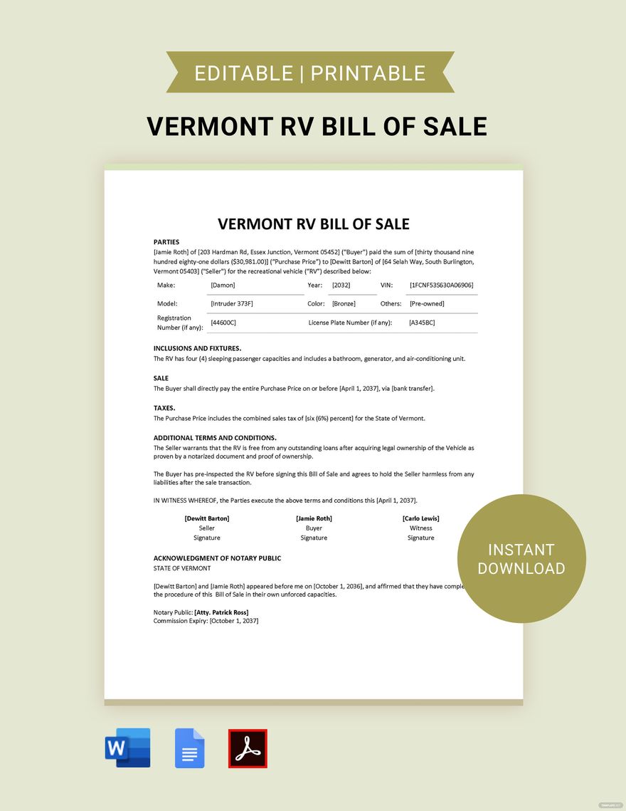 Vermont RV Bill of Sale Template