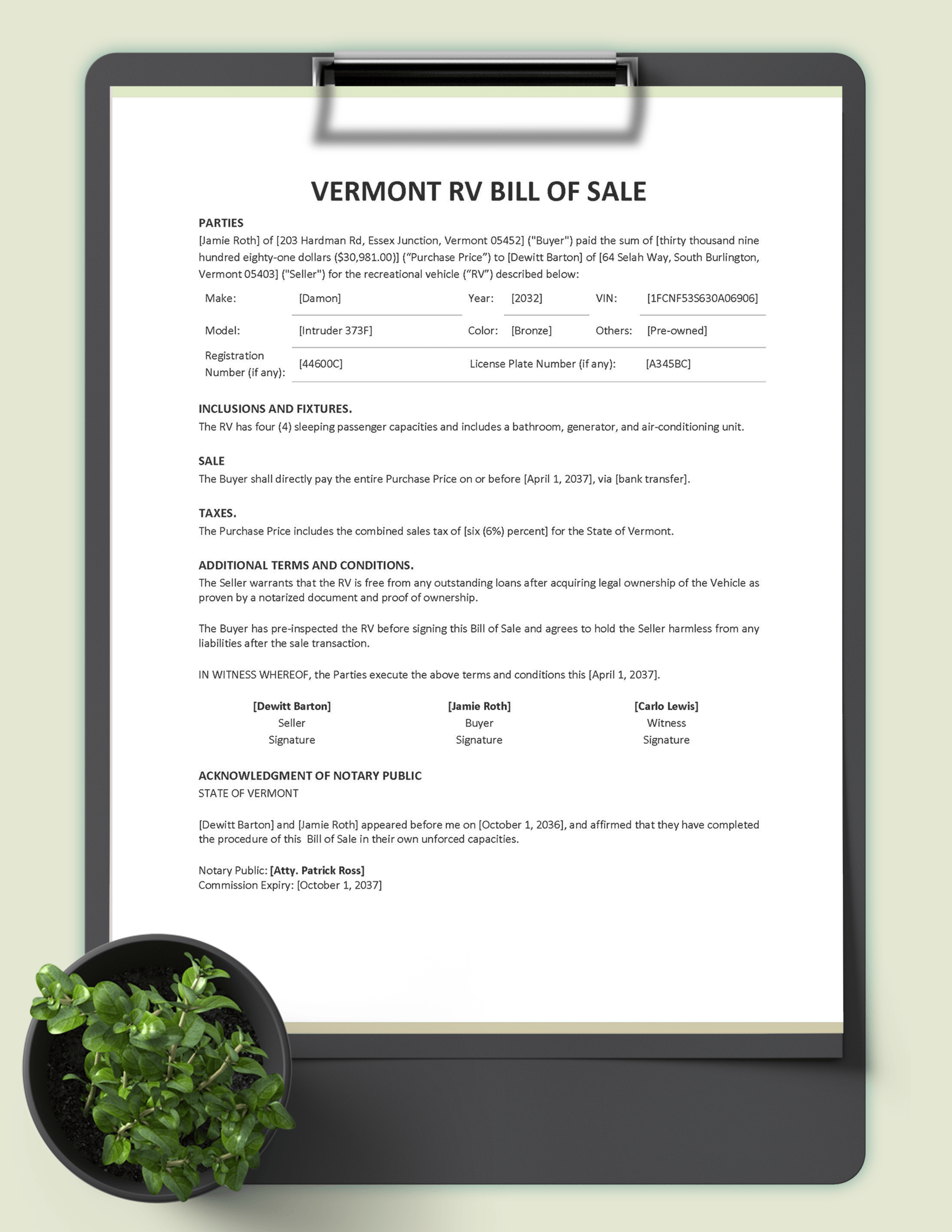 Vermont RV Bill of Sale Template