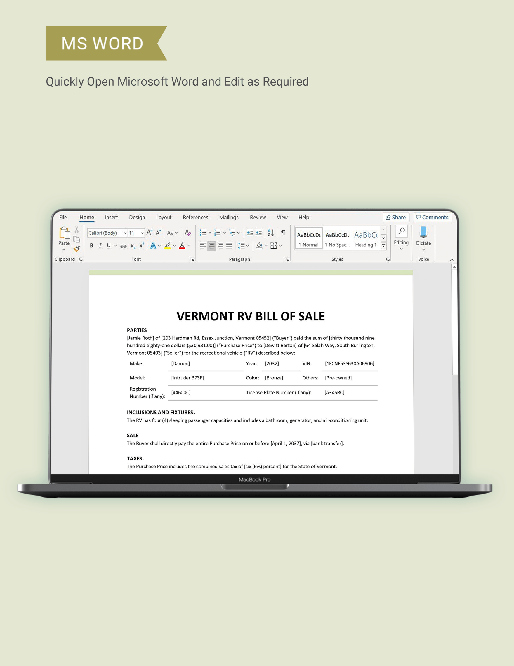 Bill Of Sale Template Vermont