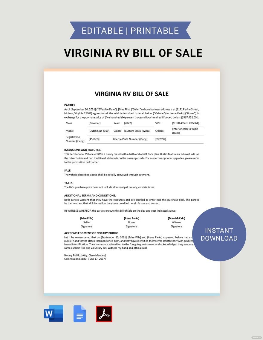 Virginia RV Bill of Sale Form Template