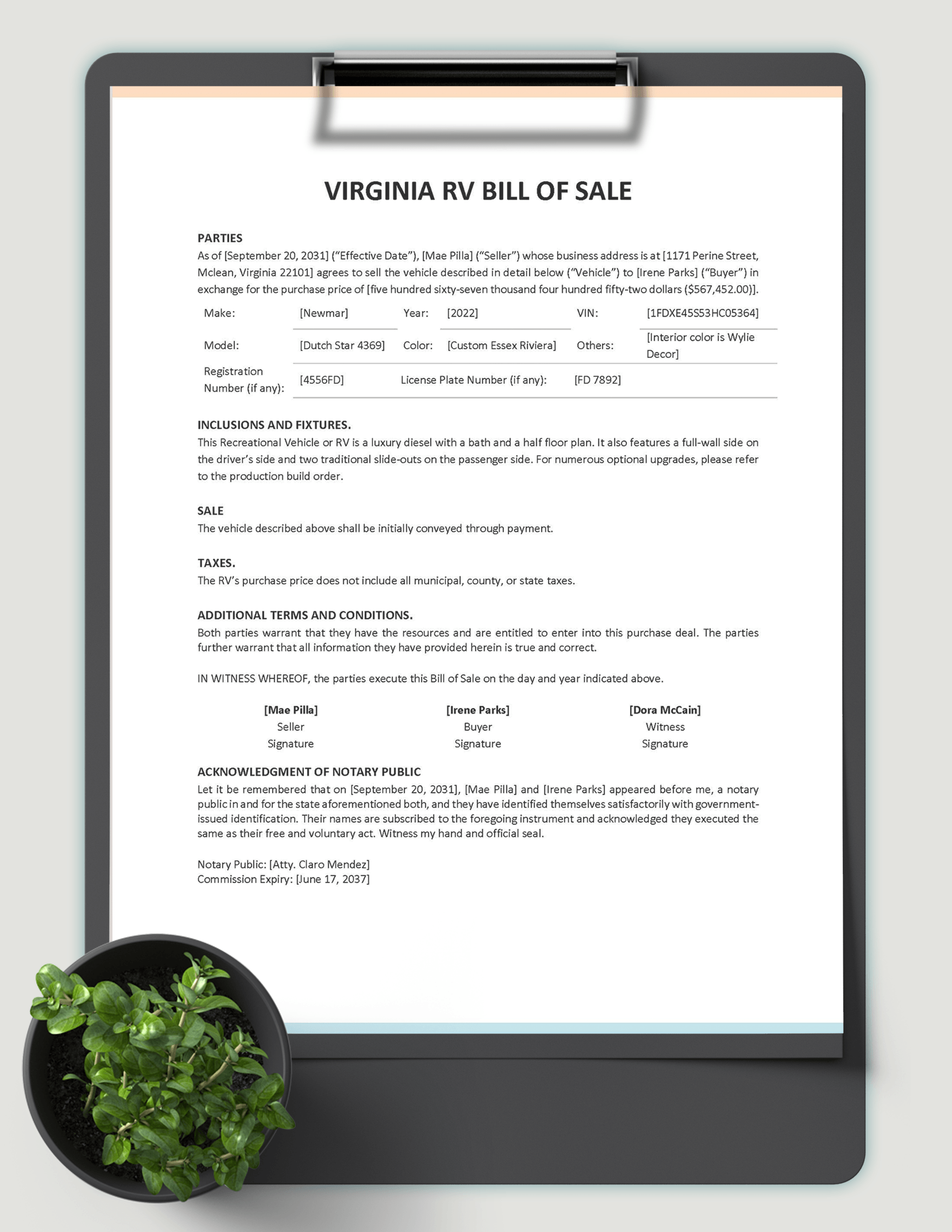 Virginia RV Bill of Sale Form Template