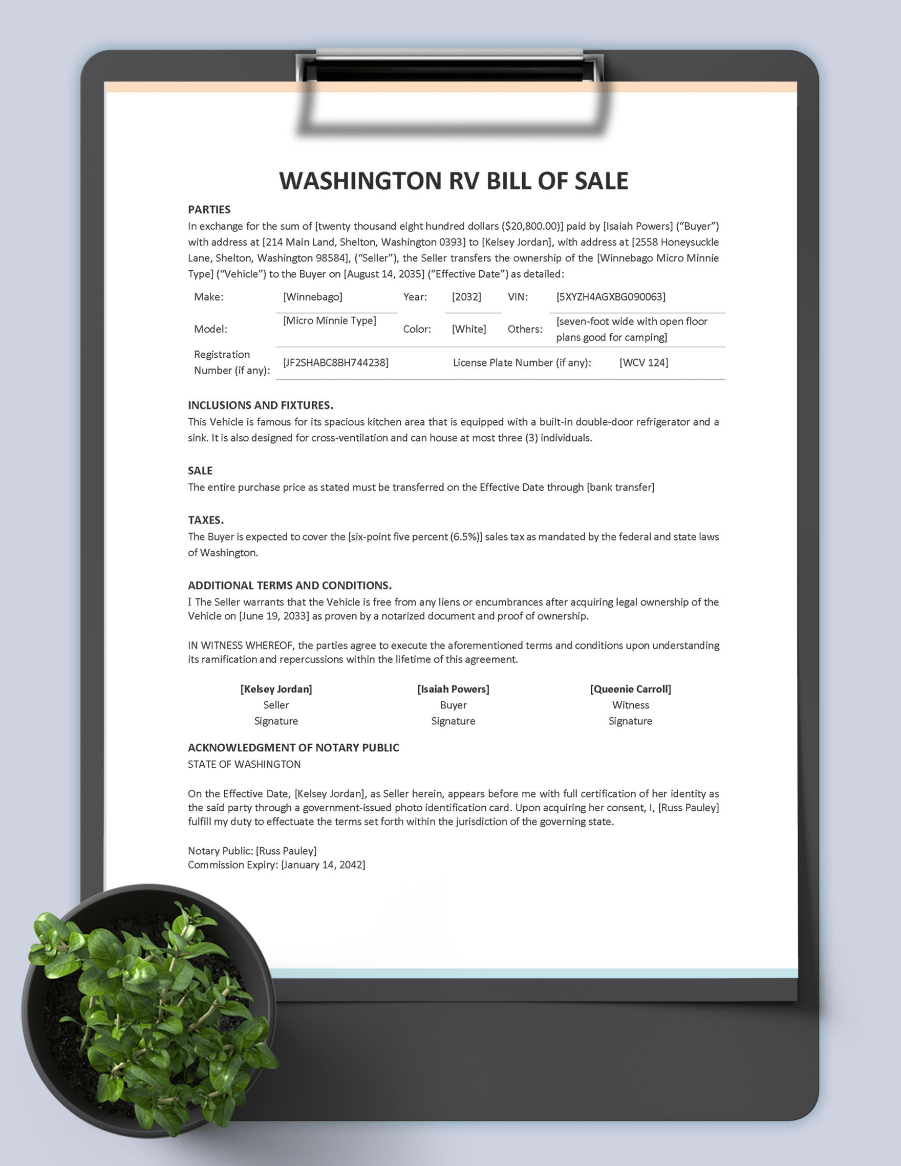 Washington RV Bill of Sale Template