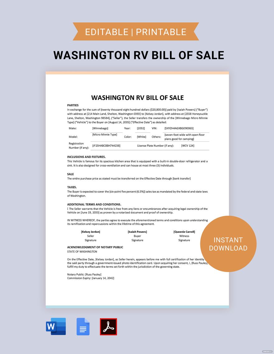 Washington RV Bill of Sale Template