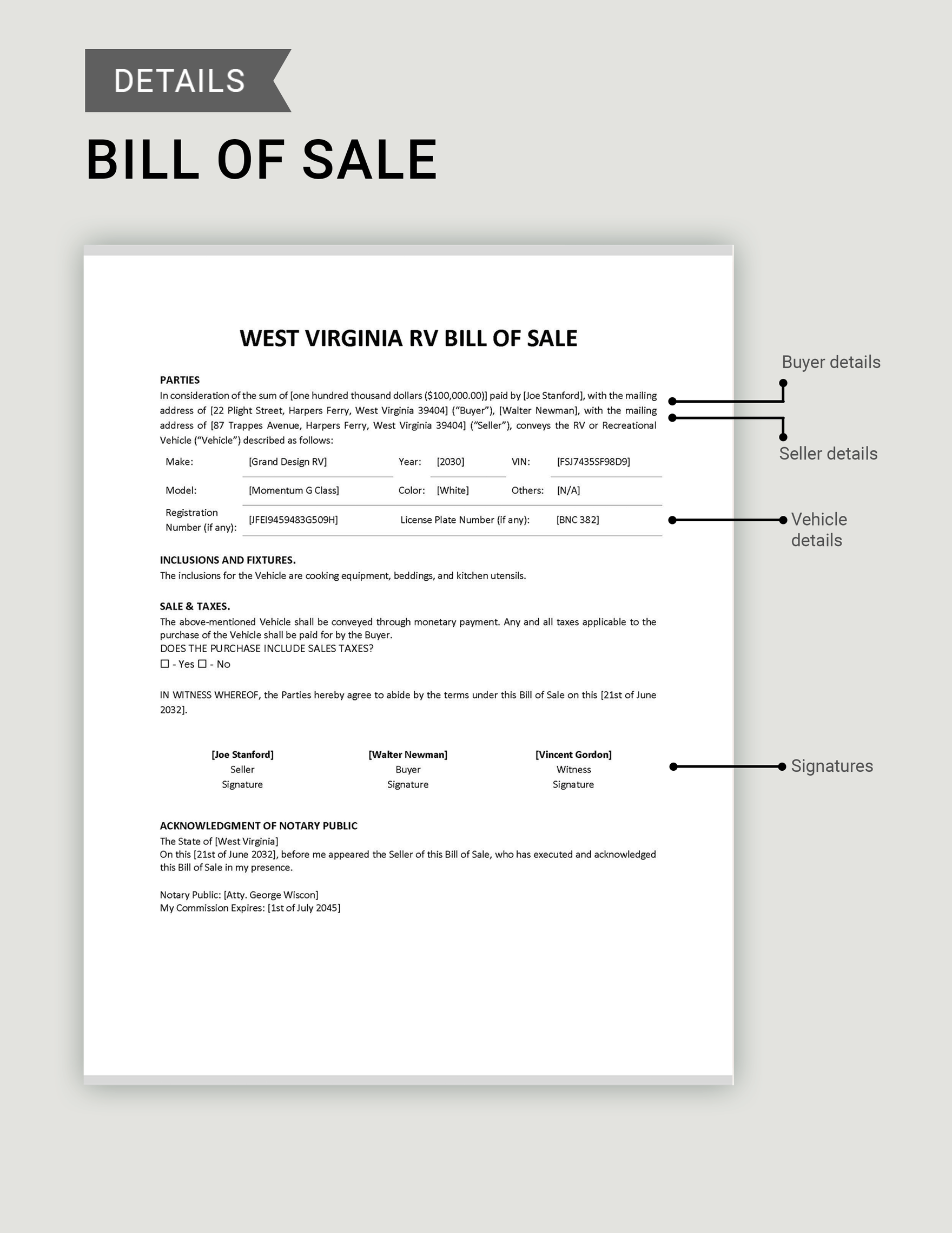 West Virginia RV Bill of Sale Template