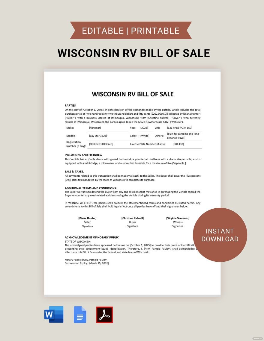 Wisconsin RV Bill of Sale Template in Word, Google Docs, PDF