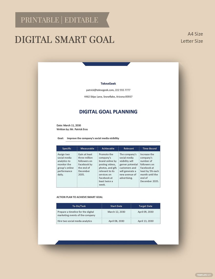 DIGITAL Smart Goals Template Download in Word, Google Docs, Excel