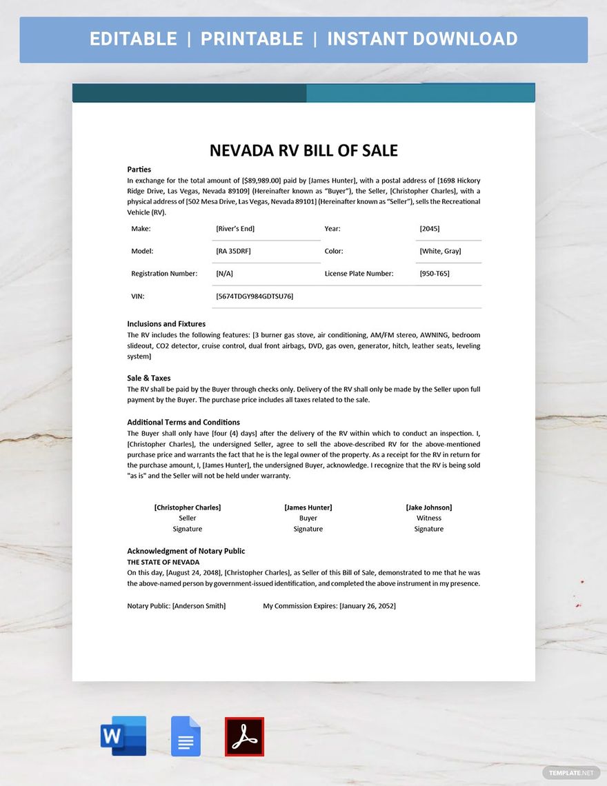 Nevada RV Bill of Sale Form Template