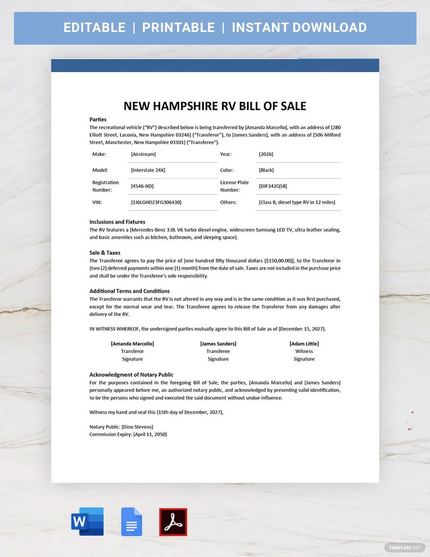 New Hampshire RV Bill of Sale Template in Word, Google Docs, PDF