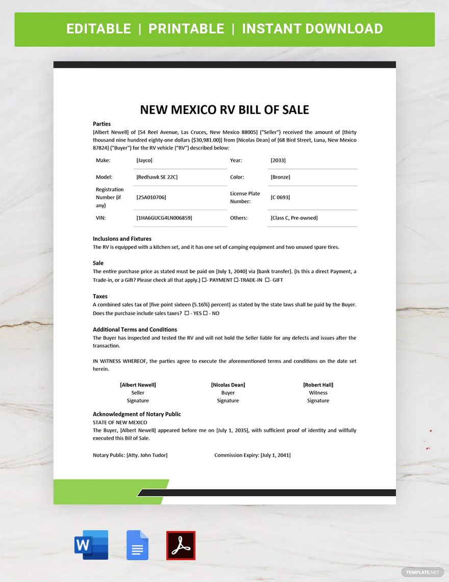 New Mexico RV Bill of Sale Template in Word, Google Docs, PDF