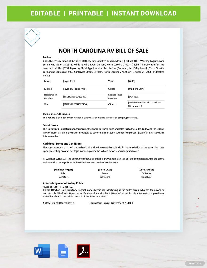 North Carolina RV Bill of Sale Template