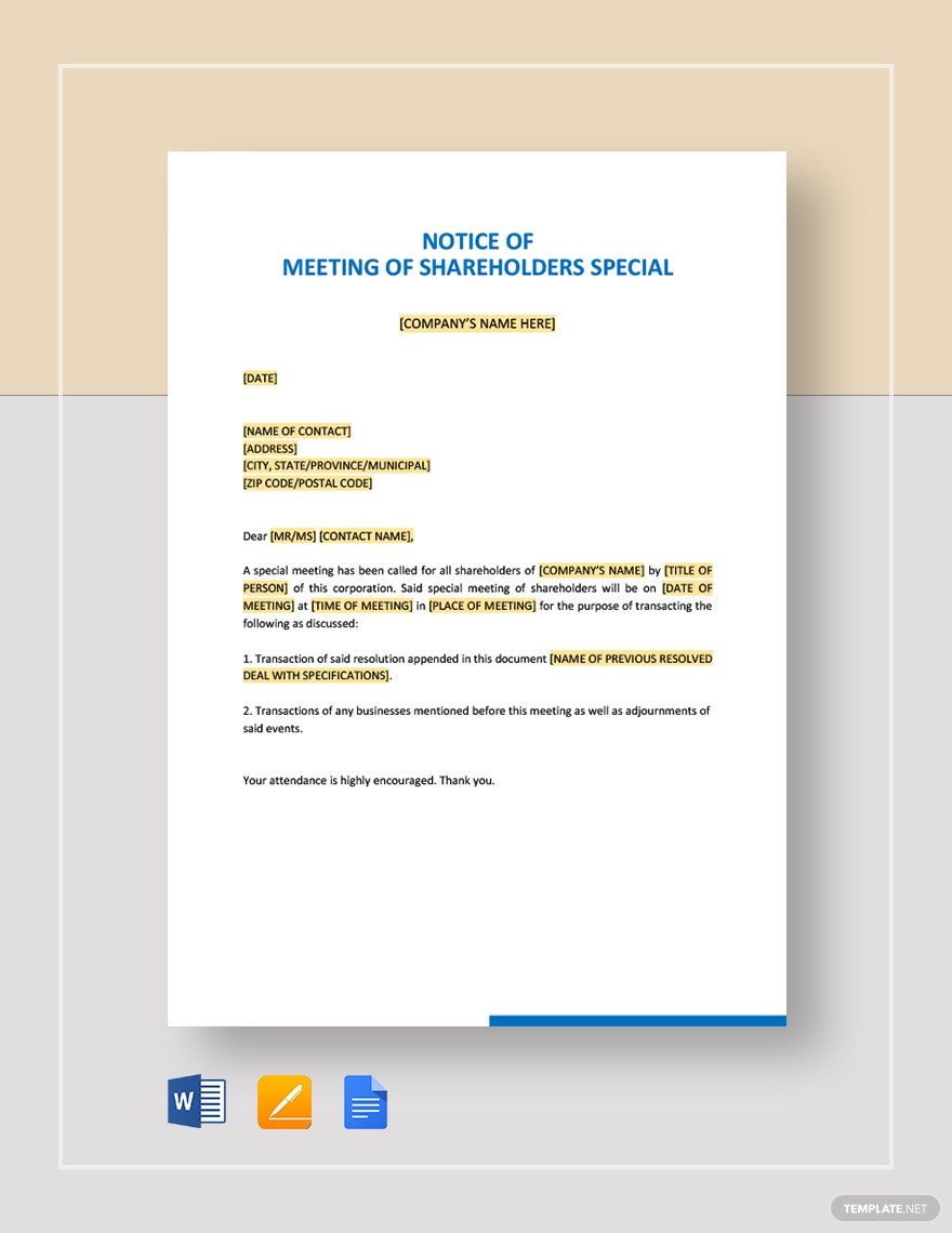 Notice of Meeting of Shareholders Special Template